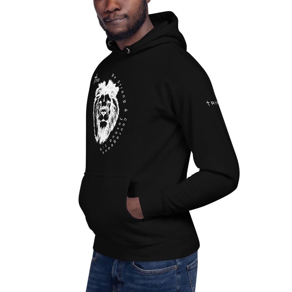 A black unisex premium hoodie featuring a lion design, displayed from the left front angle.