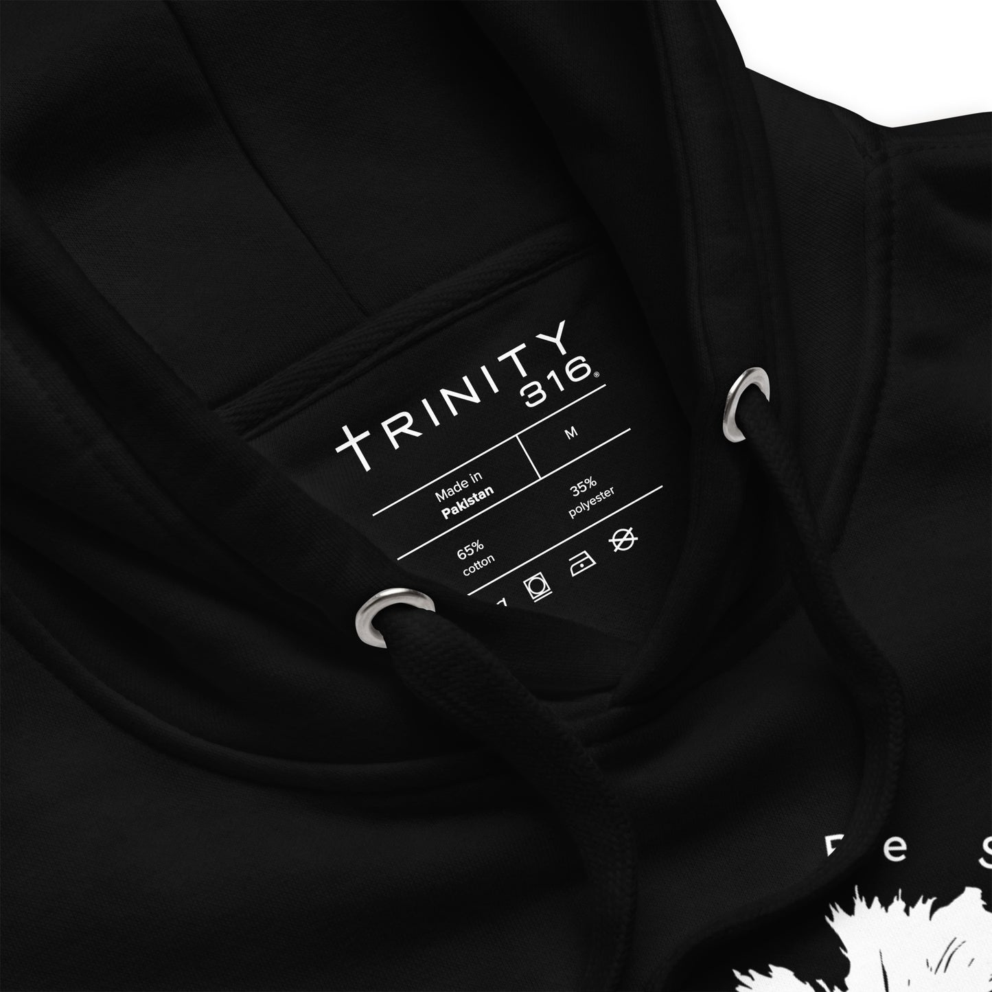 Unisex premium black hoodie featuring a stylish trinity design, perfect for casual wear and comfort.