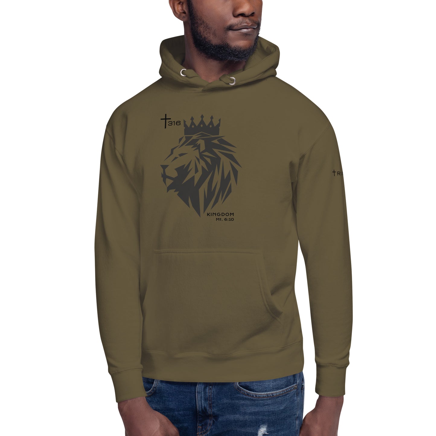 A military green unisex premium hoodie featuring a lion design, symbolizing strength and royalty, perfect for casual wear.