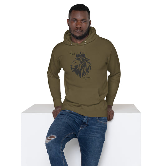 Unisex premium hoodie in military green featuring a lion king design, perfect for casual wear and showcasing your style.