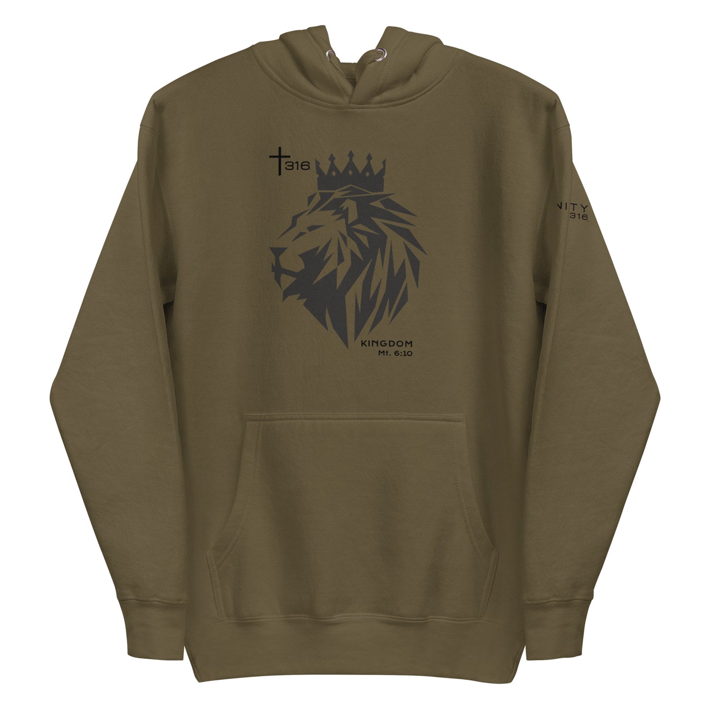 Olive green unisex premium hoodie featuring a lion and crown design on the front, perfect for casual wear.
