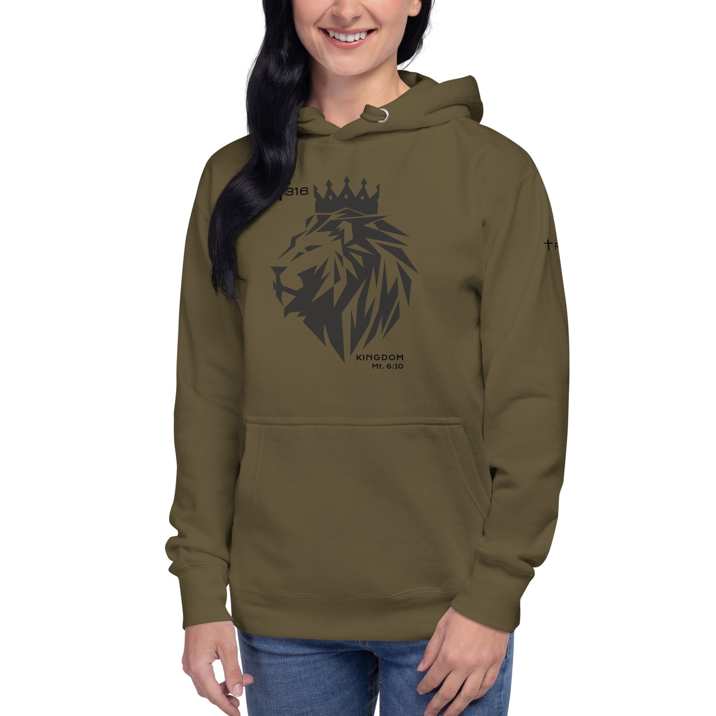Unisex premium hoodie in military green featuring a lion design, symbolizing strength and royalty.