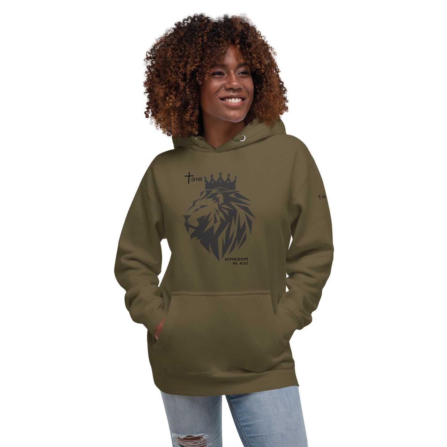 Unisex premium hoodie in military green featuring a lion, symbolizing the king of the jungle, displayed on the front.