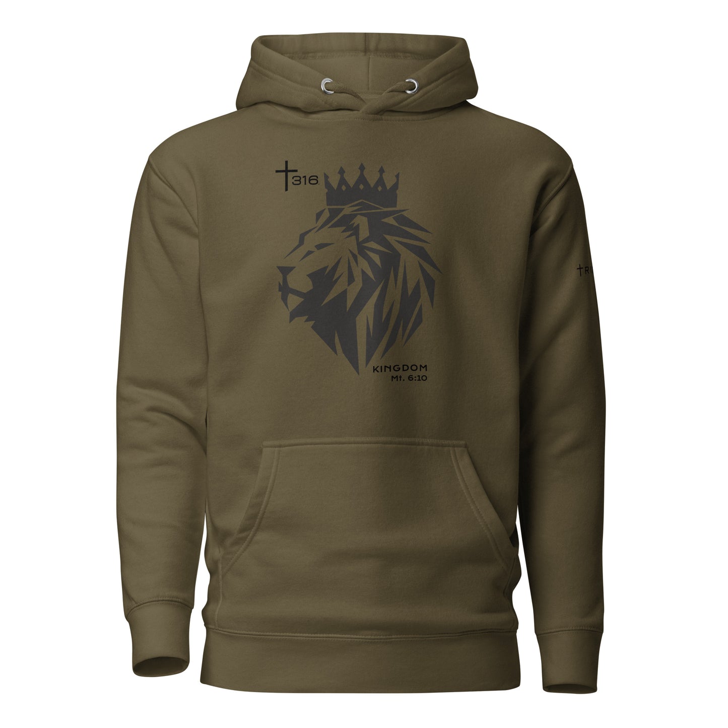 A military green unisex premium hoodie featuring the word Trinity 316 and a lion design prominently displayed on the front.
