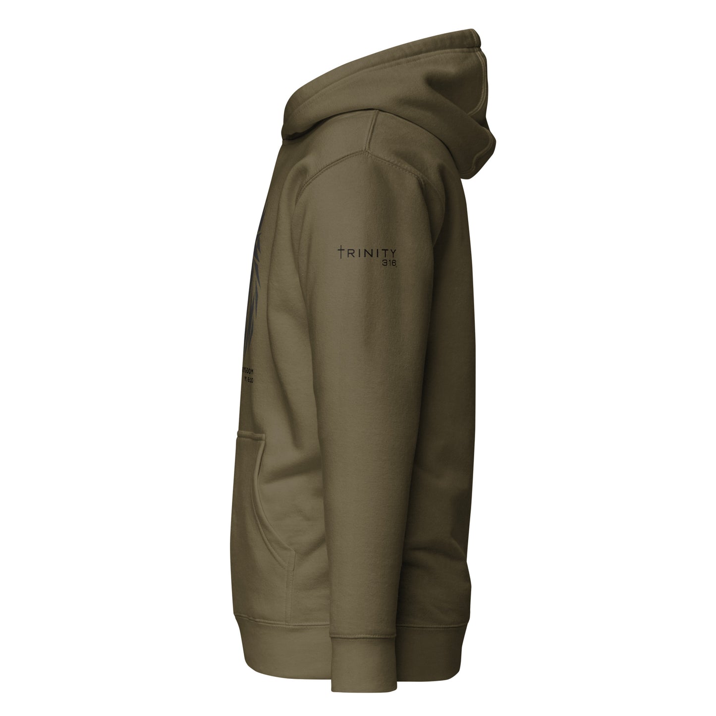 Olive green unisex premium hoodie featuring a black logo on the front, showcasing a military-inspired design.