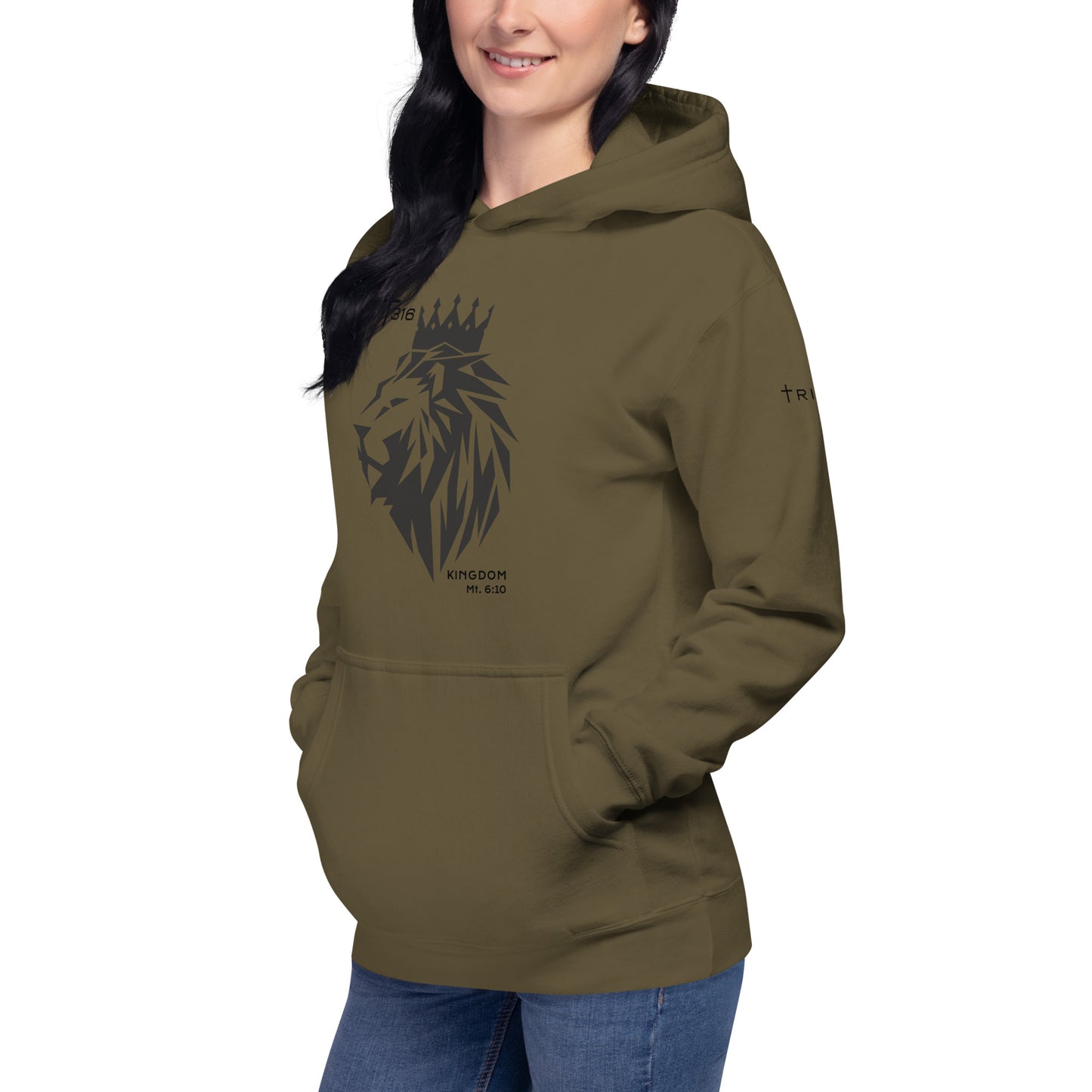 Unisex premium hoodie in military green, featuring a stylish lion design on the left front, perfect for casual wear.