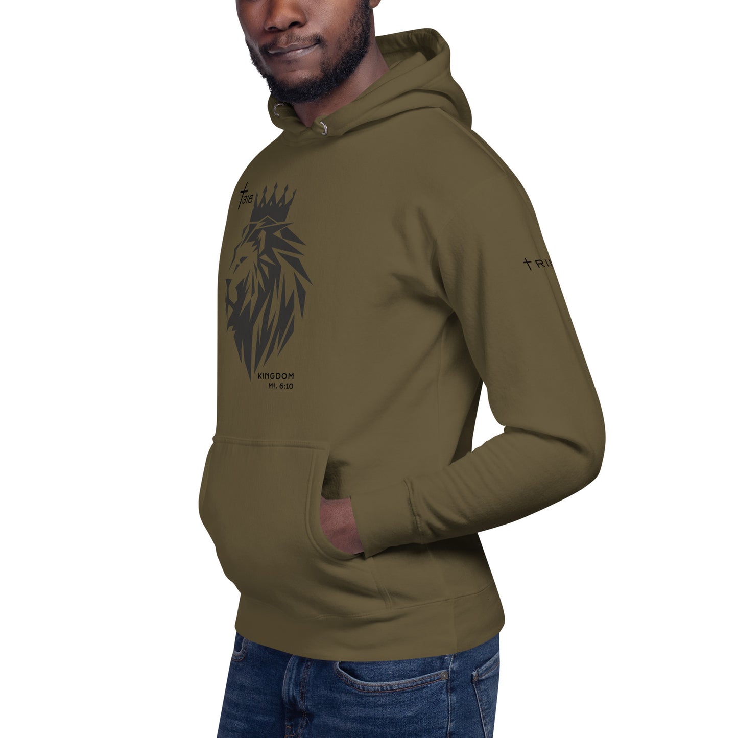 Unisex premium hoodie in military green, featuring a stylish lion design on the left front. Perfect for casual wear.