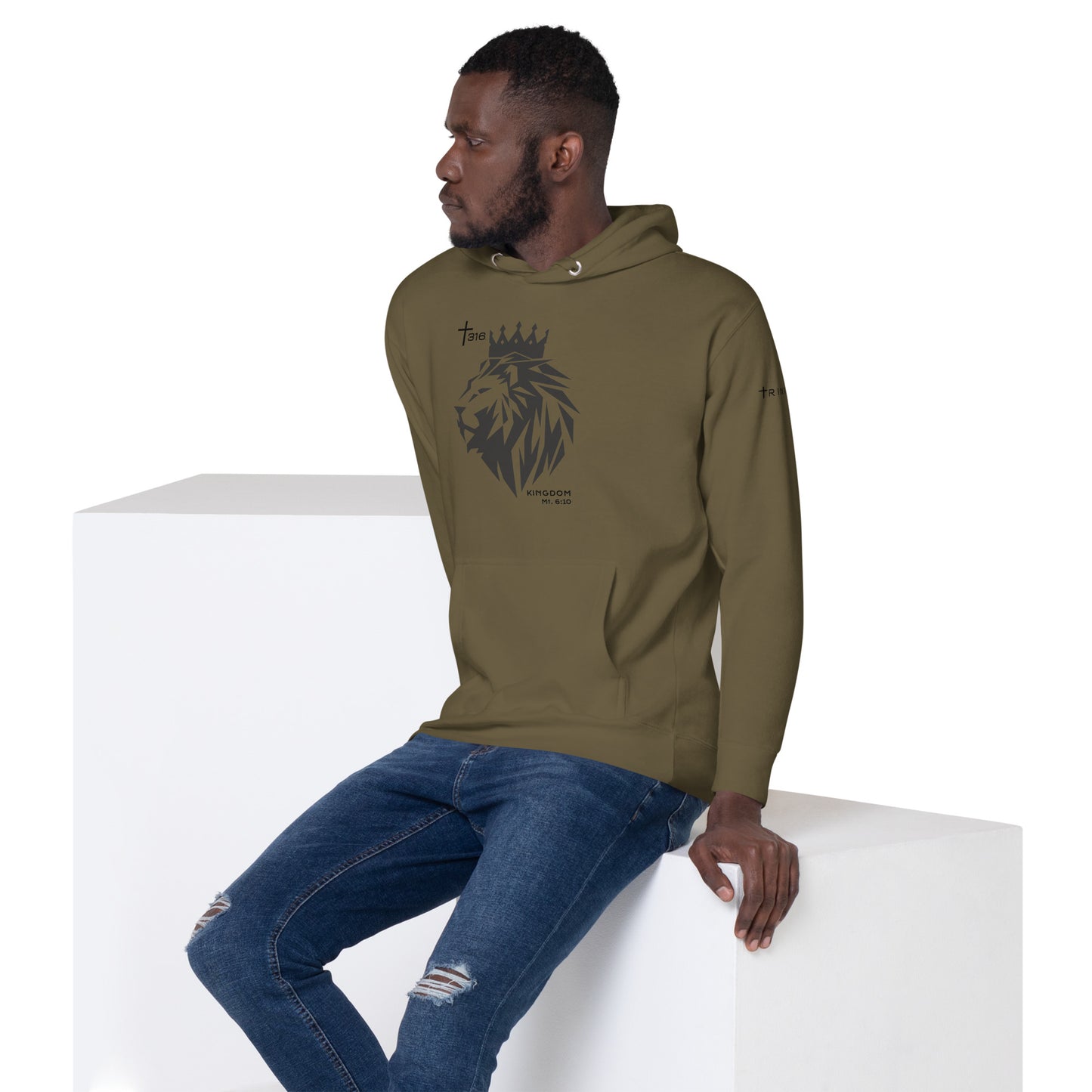 Unisex premium hoodie in military green, featuring a stylish lion design on the left front, perfect for casual wear.