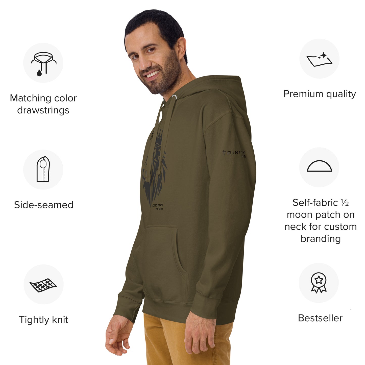 A man in a military green hoodie featuring the phrase "the best hoodie" on the left front.