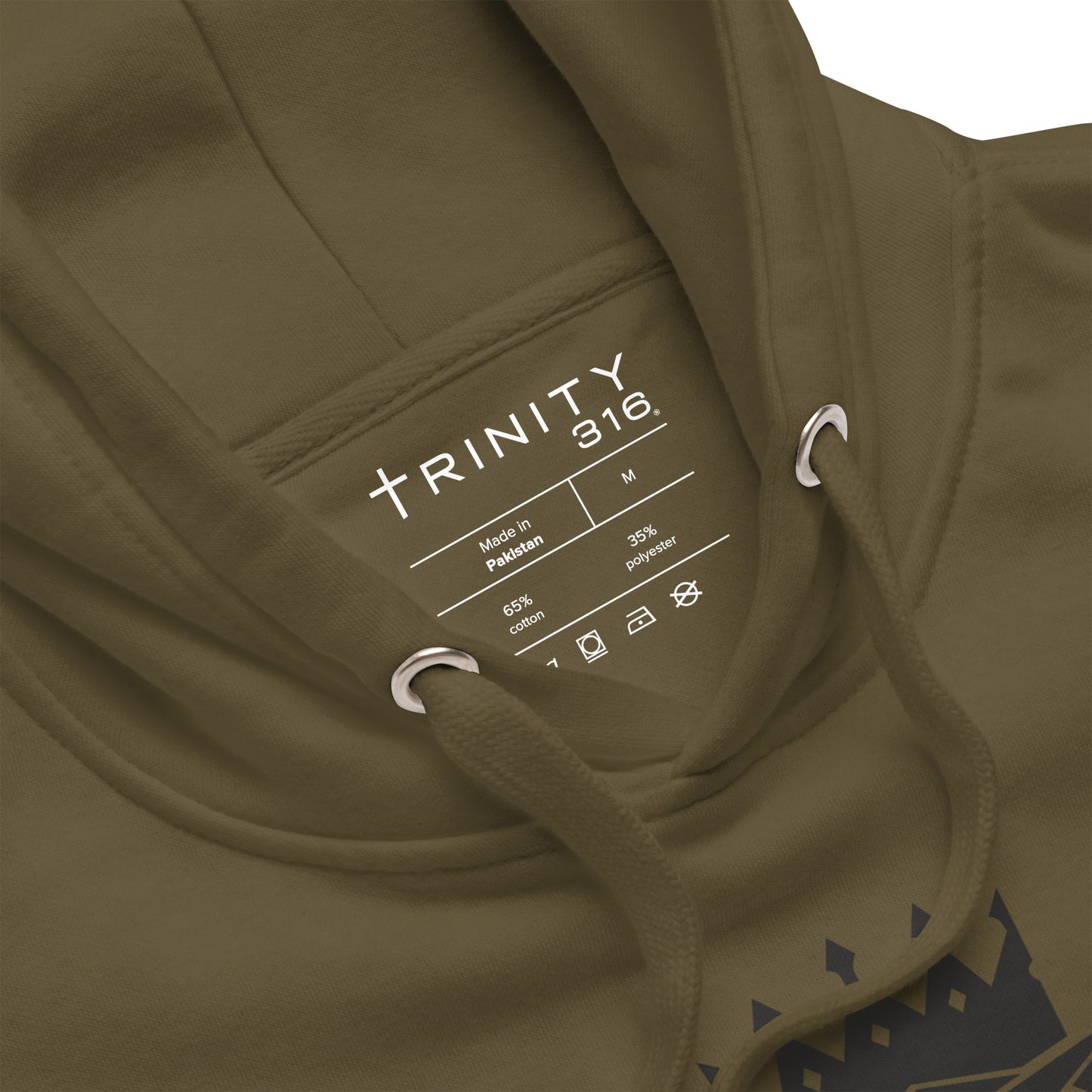 Military green unisex premium hoodie showcasing the Trinity logo, designed for comfort and style.