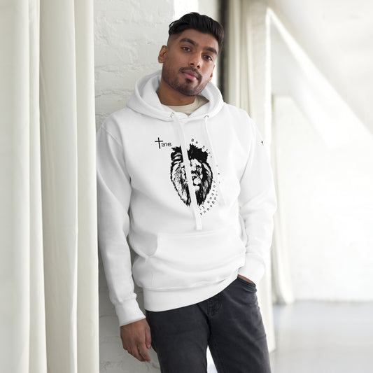 A man in a white unisex premium hoodie featuring a black bear design on the front.