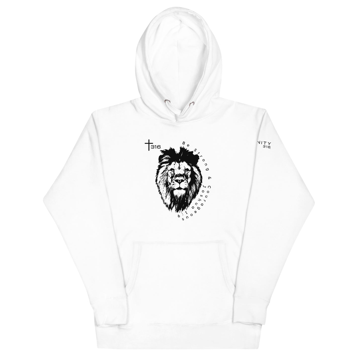 Unisex premium hoodie in white featuring a striking black lion print on the front, perfect for casual wear.