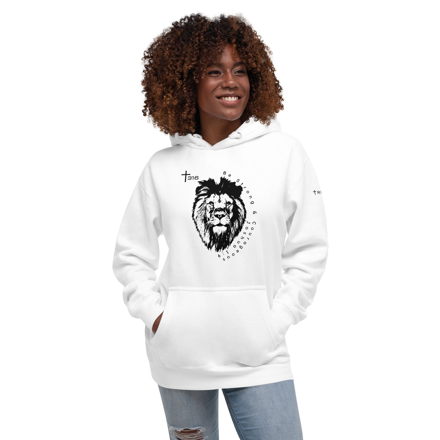 A unisex premium white hoodie featuring a lion design on the front, showcasing a stylish and comfortable look.