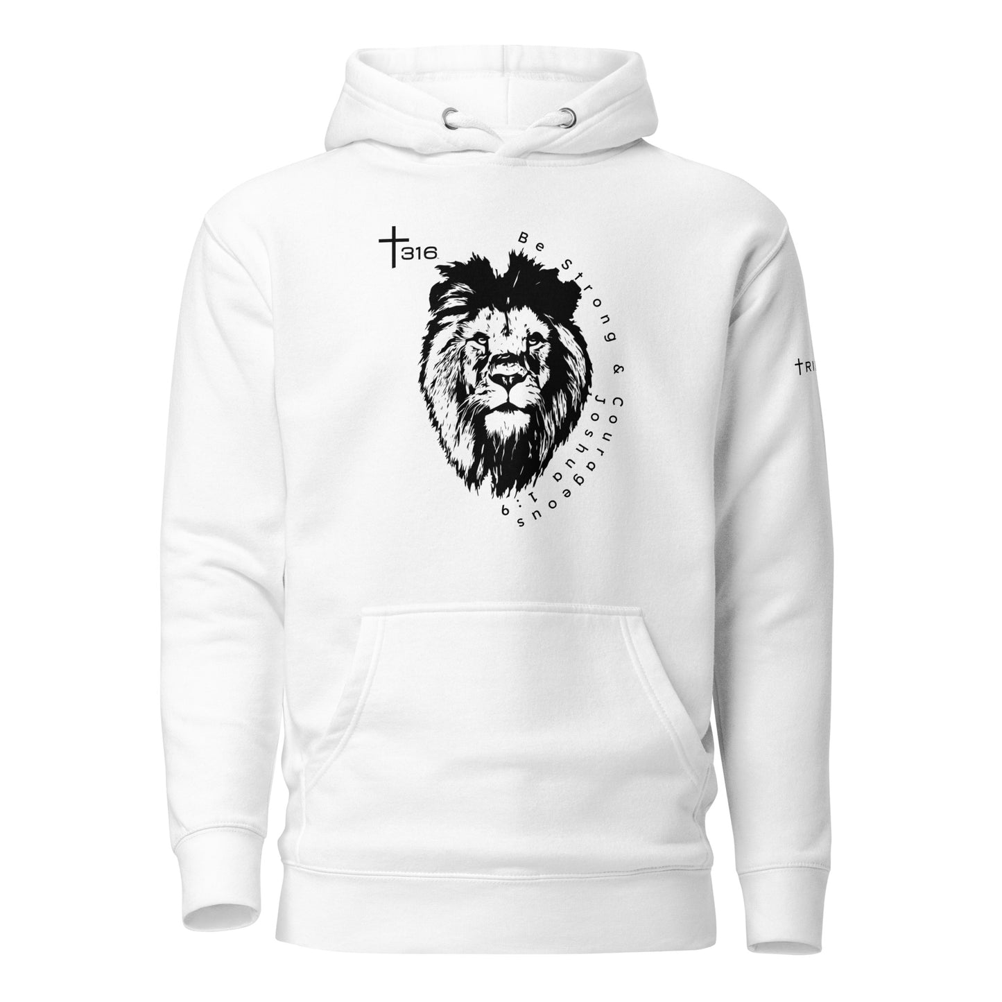 Unisex premium hoodie in white featuring a striking black and white lion design on the front.