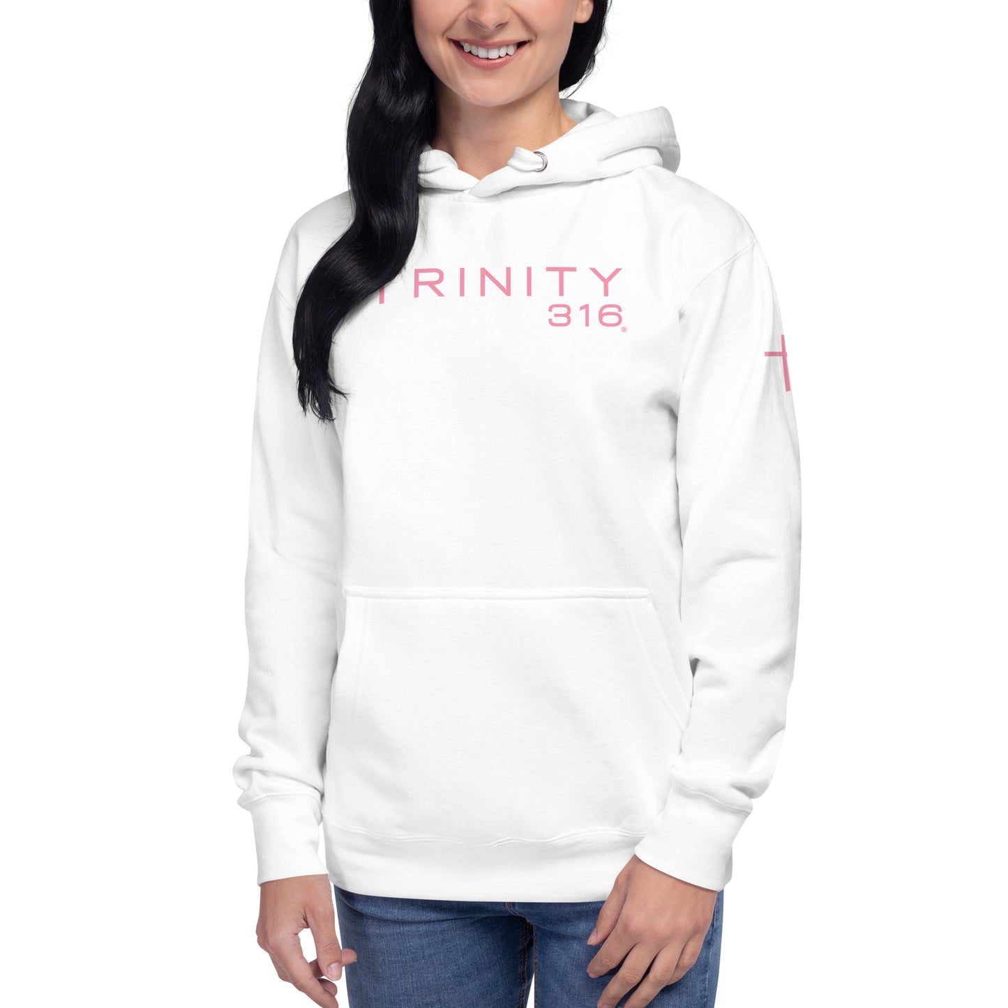 A white women's hoodie featuring the word "infinity" prominently displayed on the front.