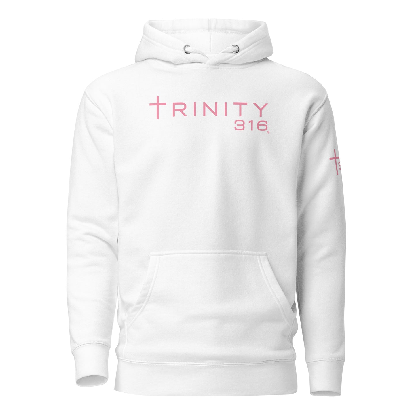 Premium white hoodie featuring a trinity design on the front, showcasing a stylish and modern look.