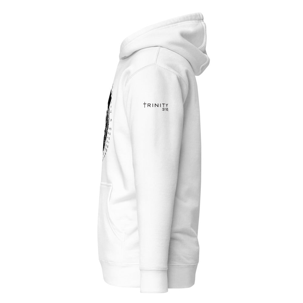 A unisex premium white hoodie featuring bold black lettering displayed on the left side.