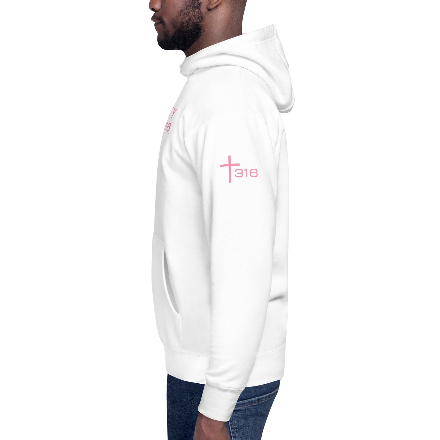 Left view of a premium white hoodie adorned with pink lettering, highlighting its stylish and modern appearance.