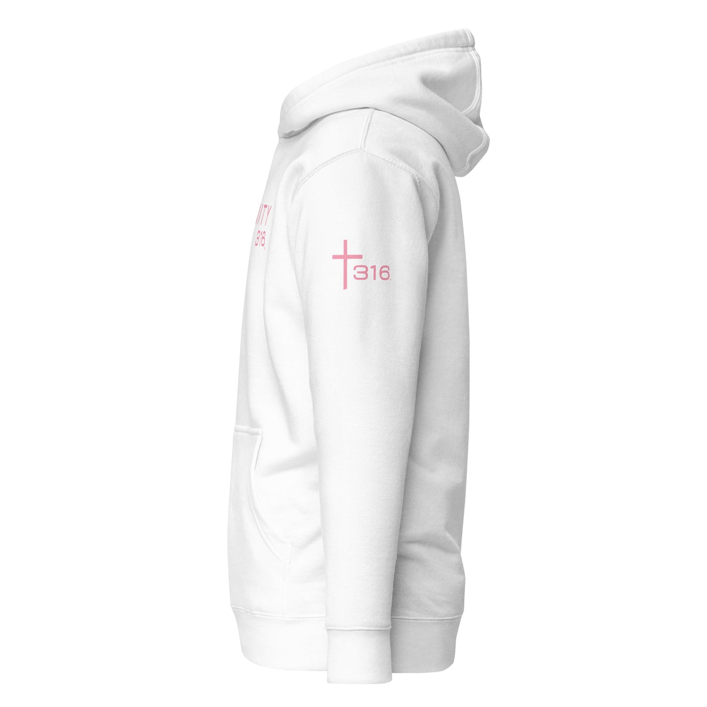 A premium white hoodie featuring a pink cross design, displayed from the left side.