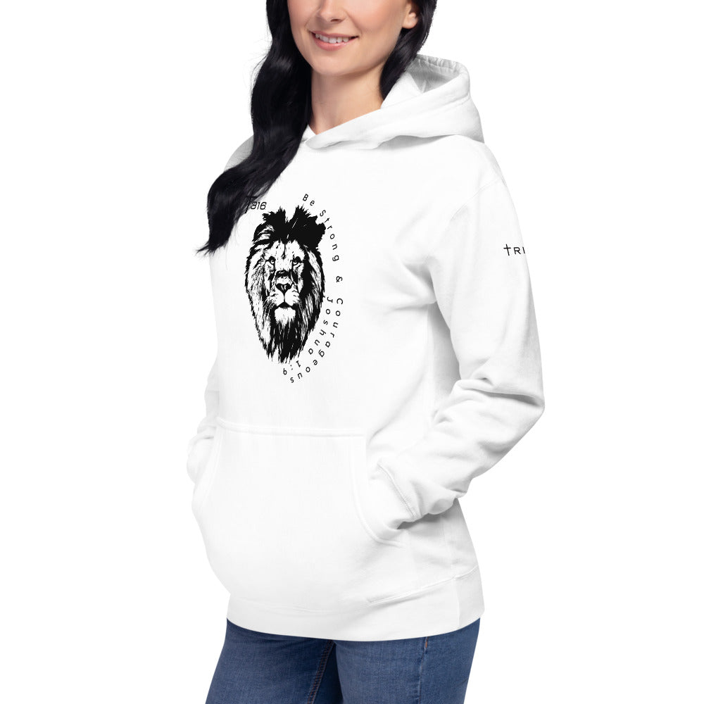 A unisex premium white hoodie featuring a lion design, displayed from the left front angle.