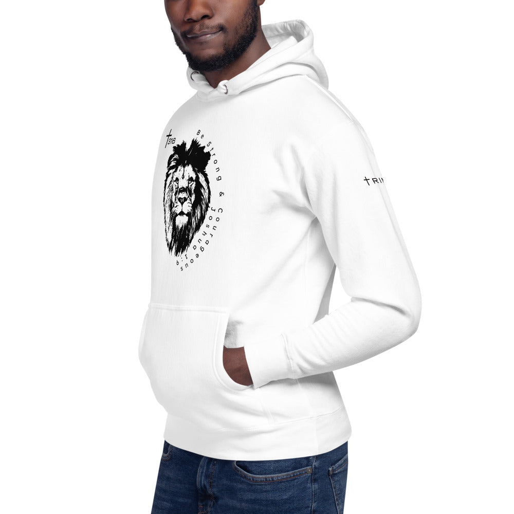 White unisex premium hoodie featuring a lion design, displayed from the left front angle.