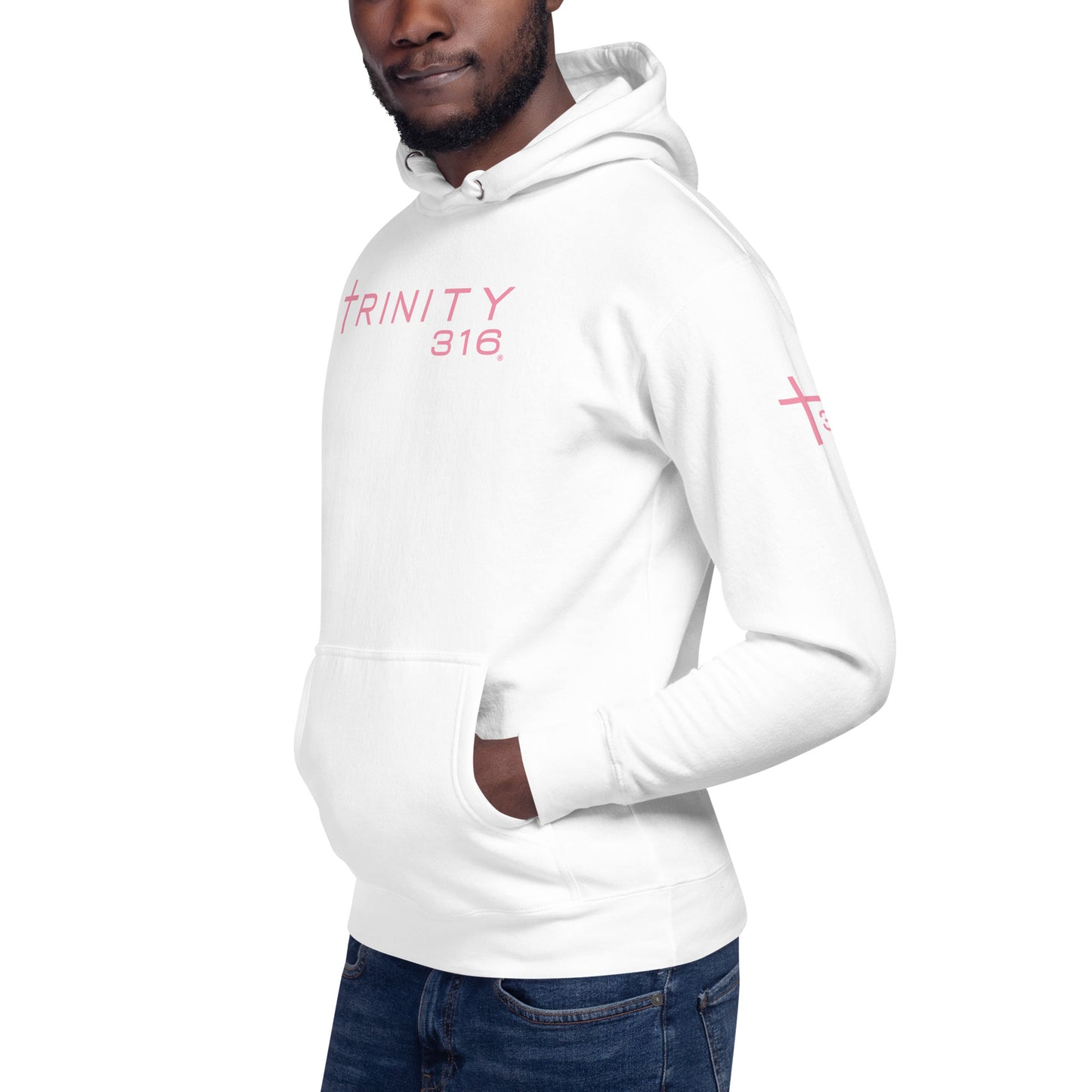 A man wearing a white hoodie with "infinity" printed on it, showcasing a stylish and modern look.