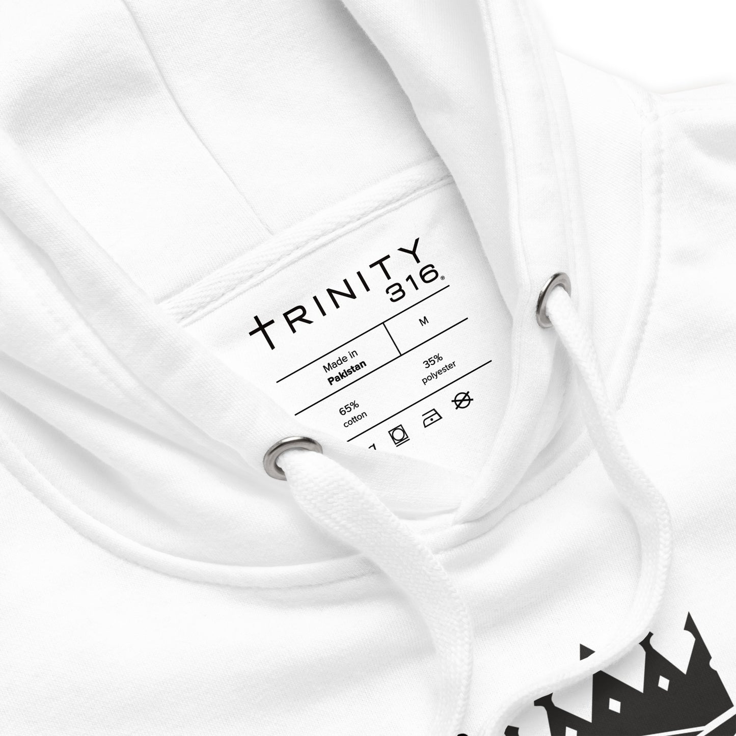 A premium white hoodie featuring the Trinity logo prominently displayed on the front.