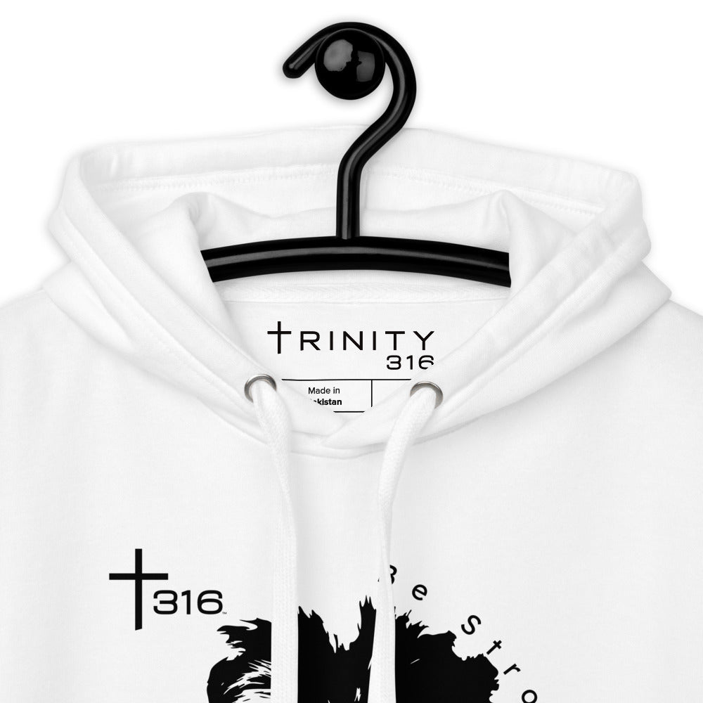 A close-up of a trinity white hoodie, showcasing its soft fabric and stylish design, labeled as unisex-premium-hoodie-white-zoomed-in.