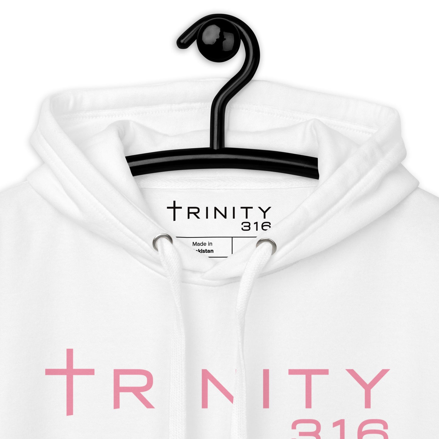 Close-up of a premium white hoodie with the Trinity 365 branding, showcasing its fabric texture and stylish appearance.