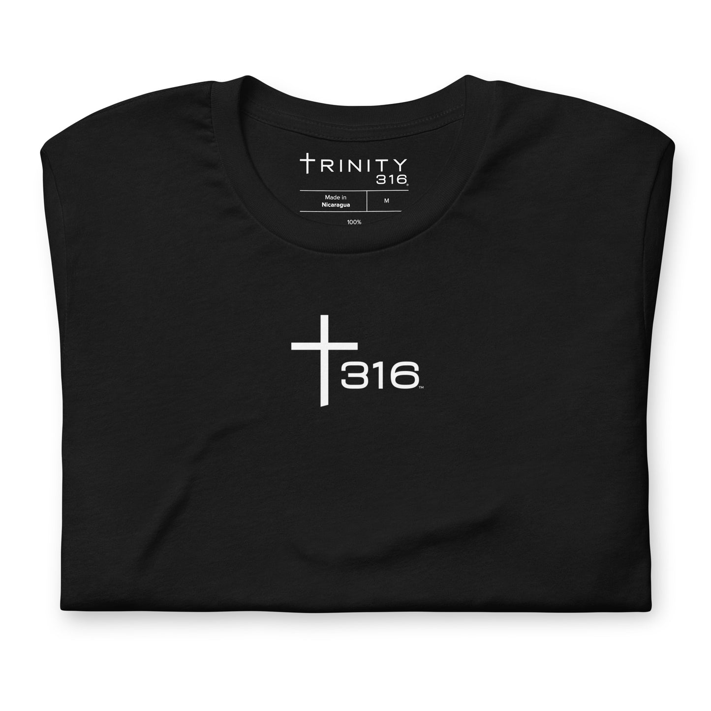 Black t-shirt featuring the word "Trinity" prominently displayed on the front.