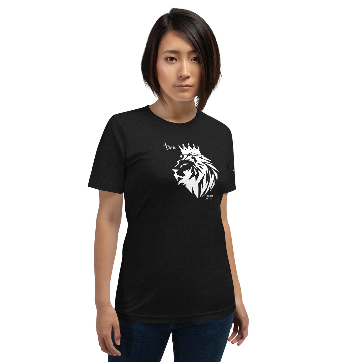 A woman models a unisex staple t-shirt in black heather featuring a striking lion graphic on the front.