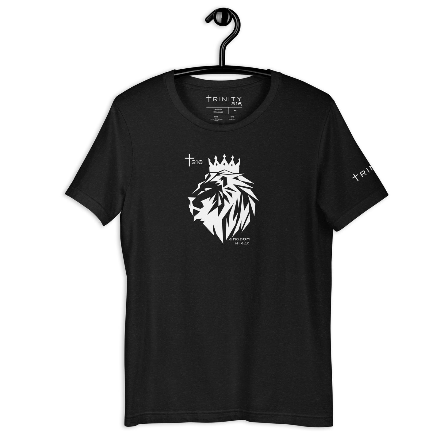 Front view of a black heather staple t-shirt adorned with the lion of the tribe of Judah, symbolizing strength and heritage.