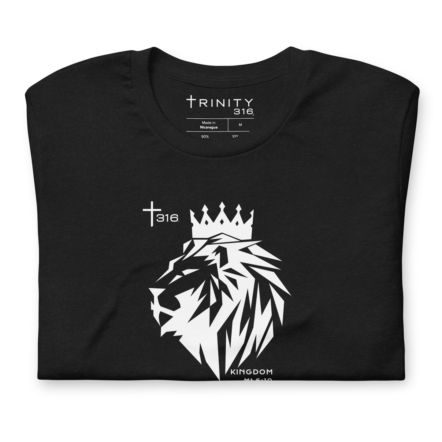 Front view of a black t-shirt adorned with a white lion design and the text "Trinity" beneath it.