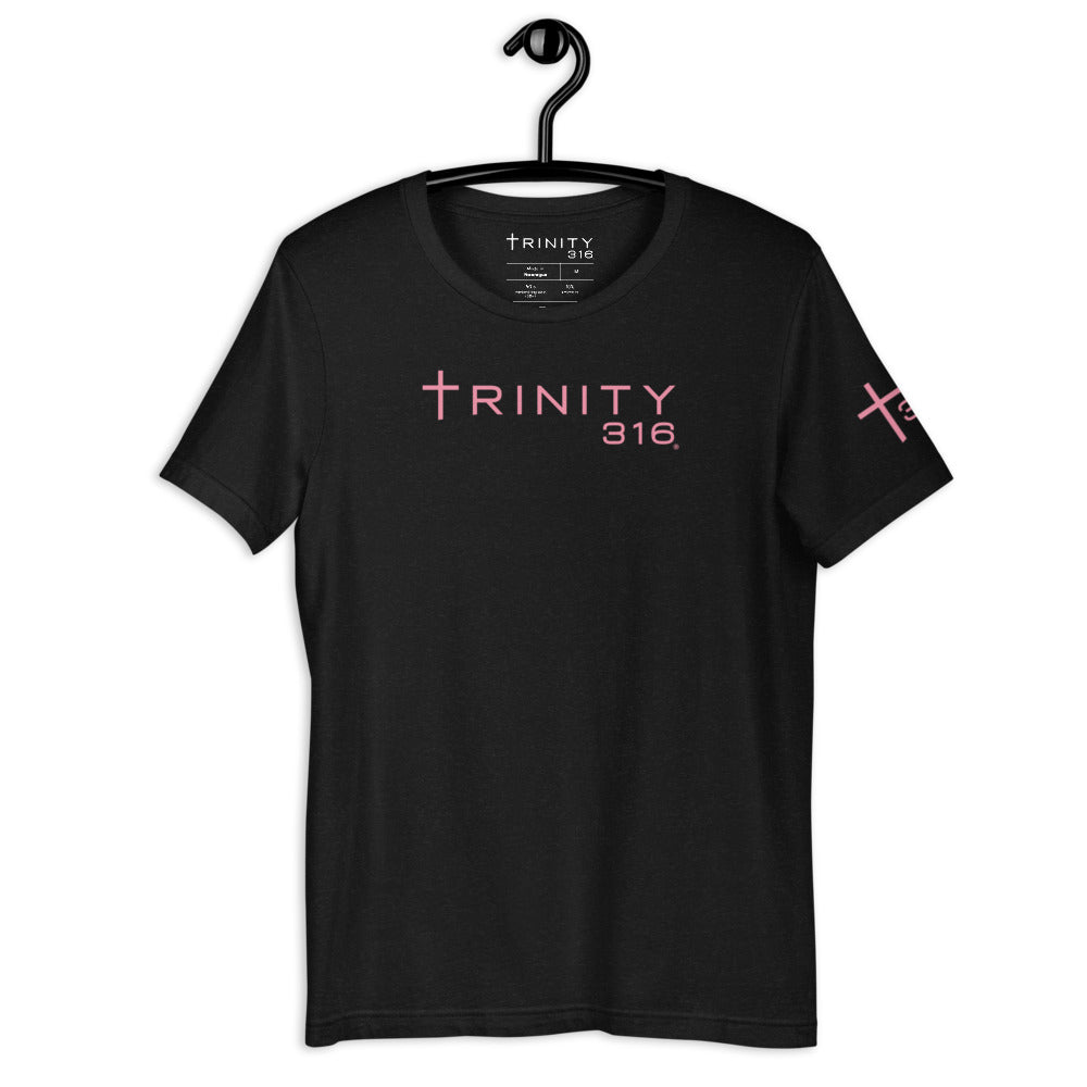 Unisex staple t-shirt in black heather featuring the word trinity 316 prominently displayed on the front.