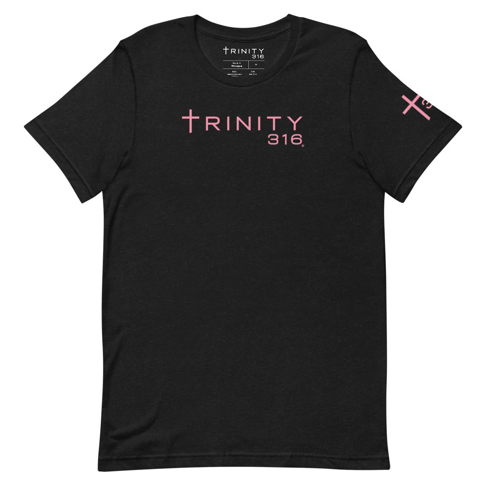 Black staple t-shirt showcasing the word "trinity" in a bold design on the front.