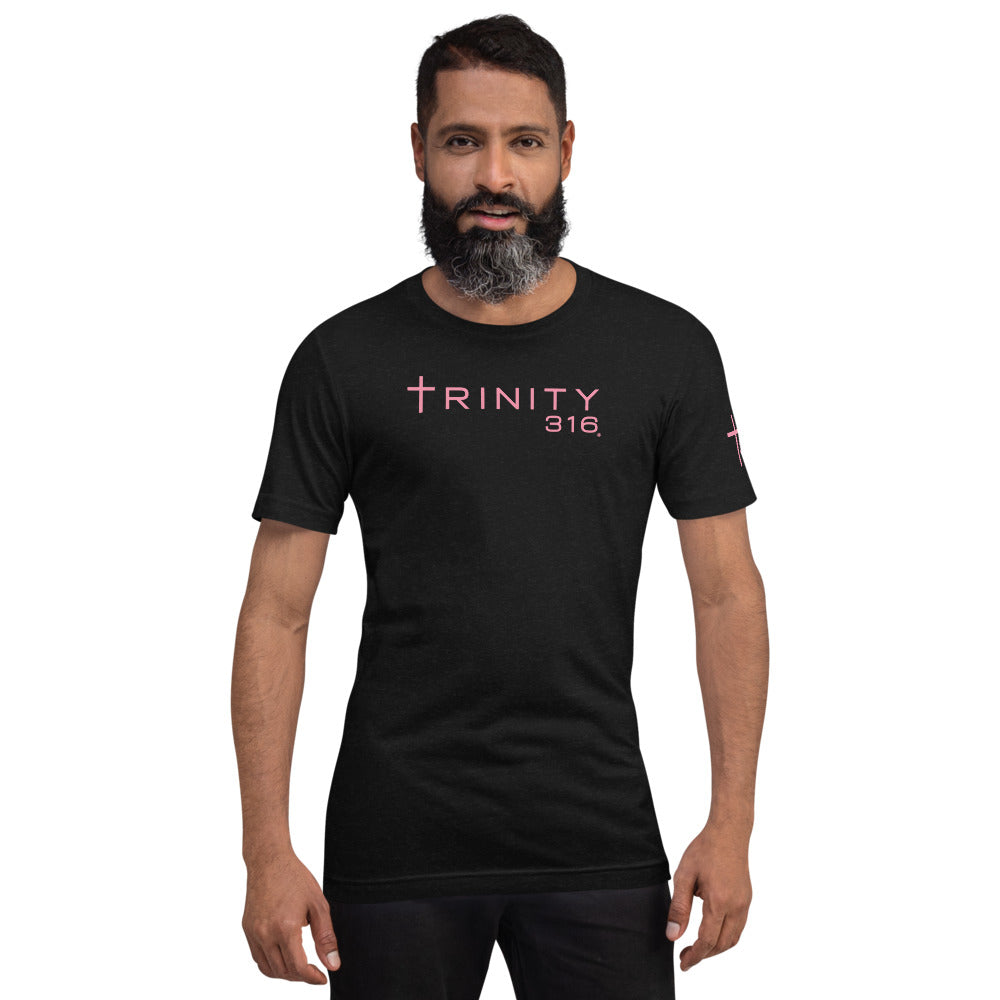 A man in a black shirt featuring the word "trinity" prominently displayed on the front.