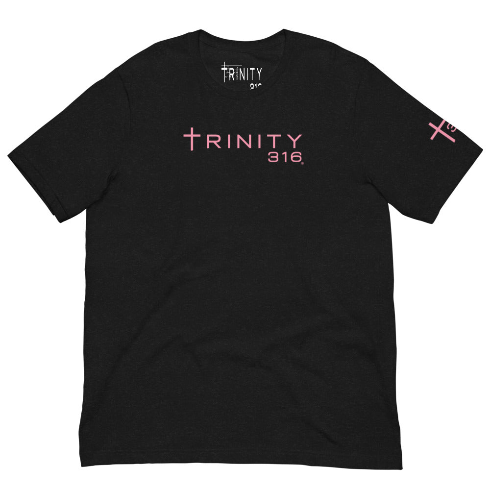 Black shirt featuring pink lettering that reads "trinity sg," showcasing a stylish and modern design.