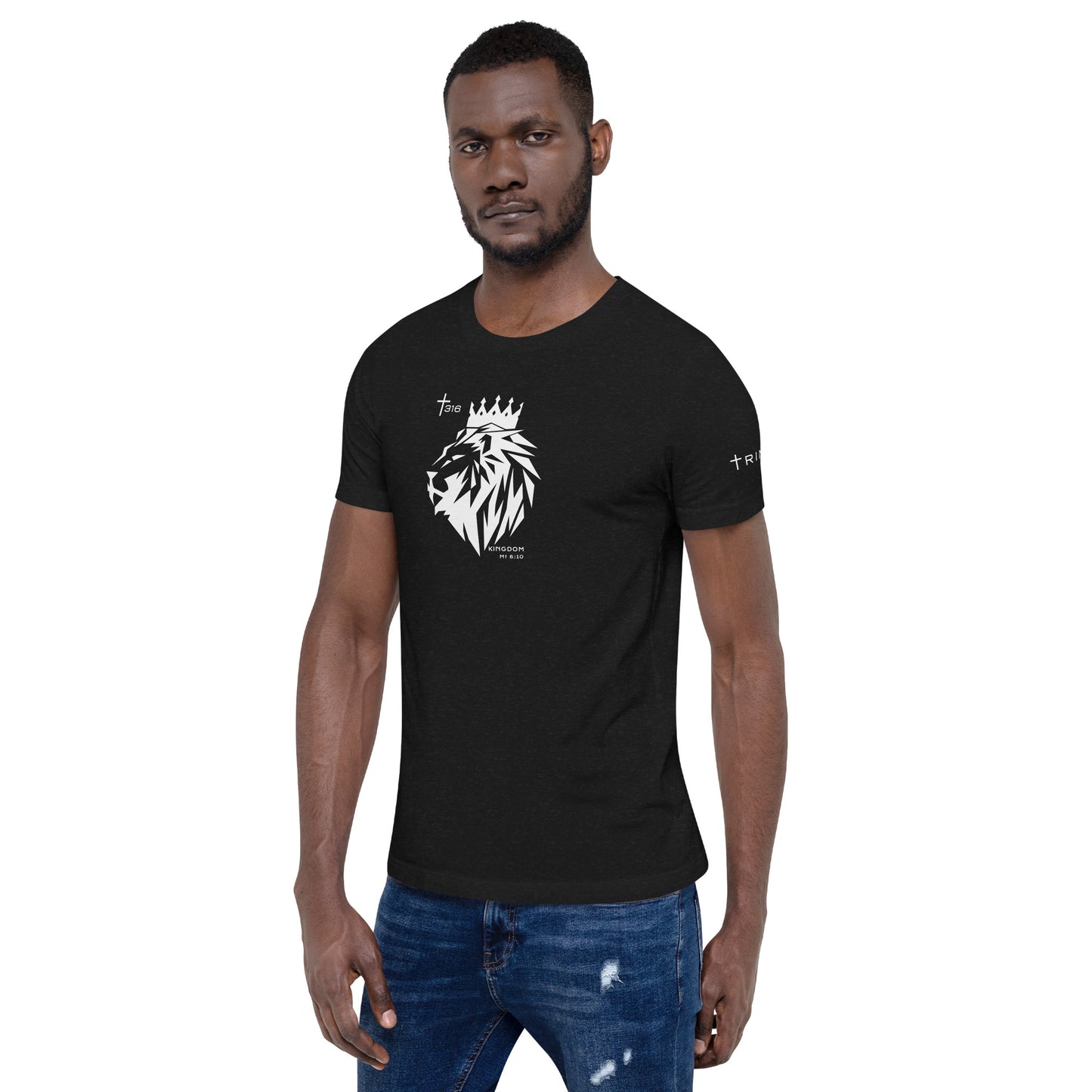 A black heather unisex staple t-shirt featuring a design inspired by The Lion King, displayed on the left front.