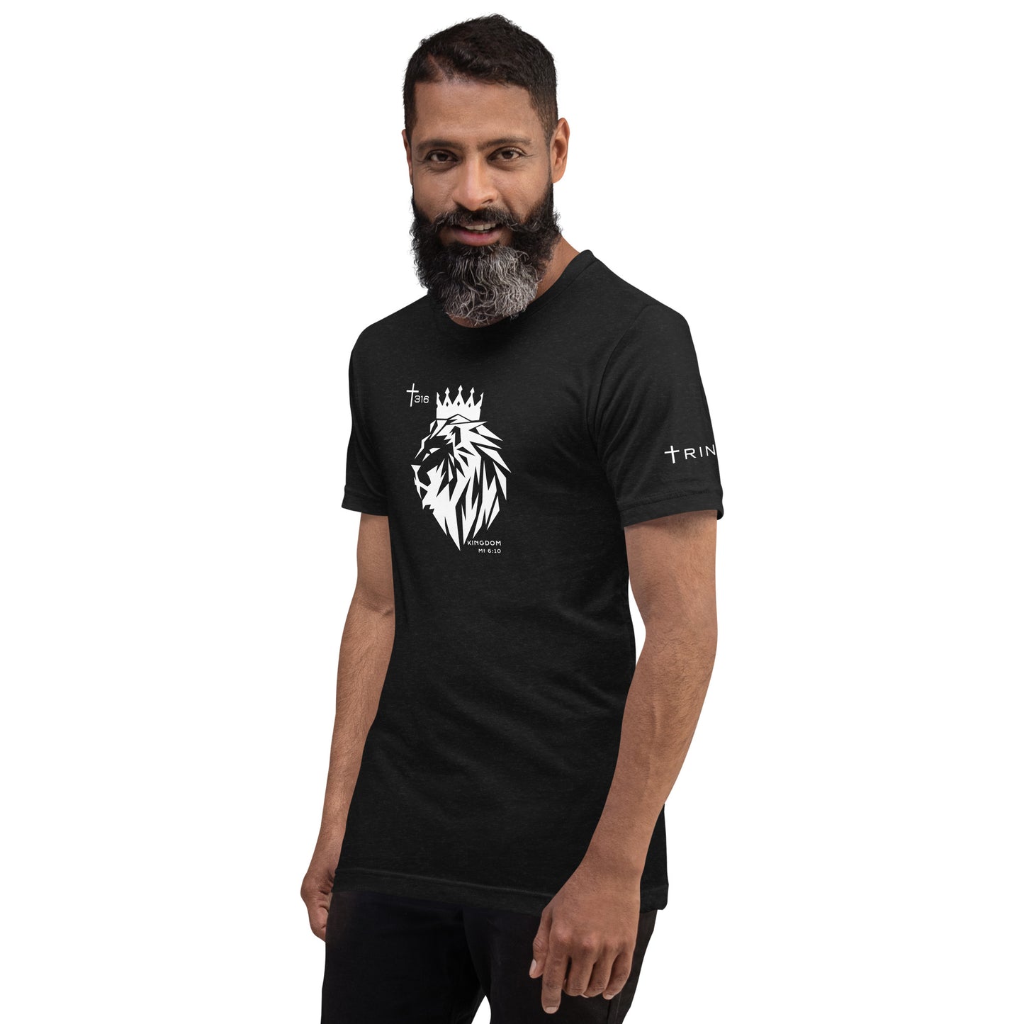 Unisex staple t-shirt in black heather featuring a lion king design on the left front, perfect for fans of the classic film.