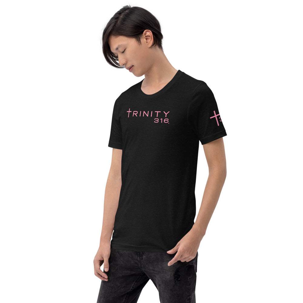 A man wearing a black heather t-shirt with "trinity" printed on it, captured from the left front angle.