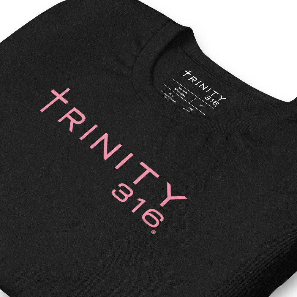 A close-up of a black t-shirt featuring the word trinity 316 showcasing its unisex-staple-t-shirt-black-heather-zoomed-in design.