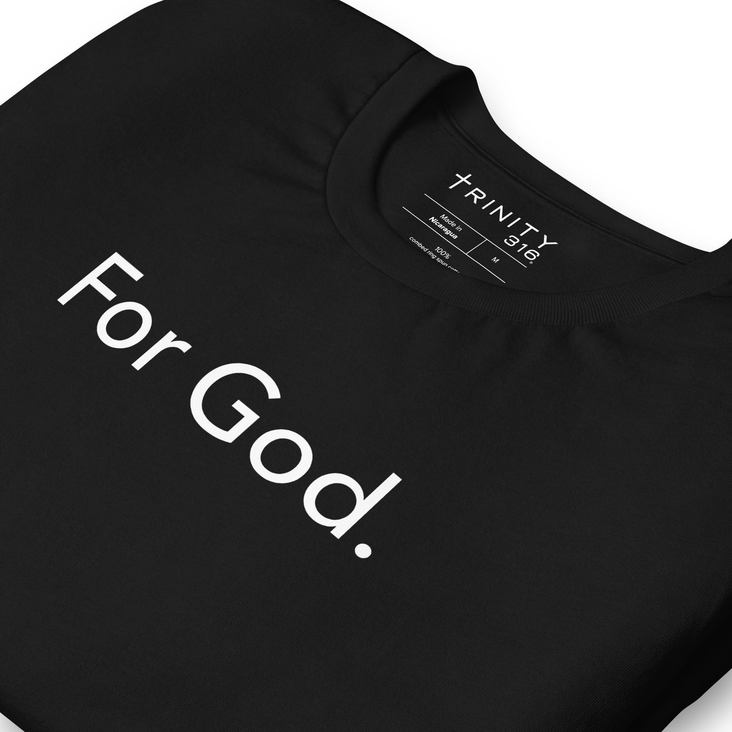 A black t-shirt featuring the phrase "for God" prominently displayed on the front.