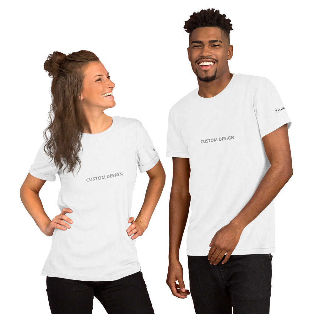 Two individuals in unisex staple t-shirts, white front, displaying the word Trinity 316 prominently on their shirts.