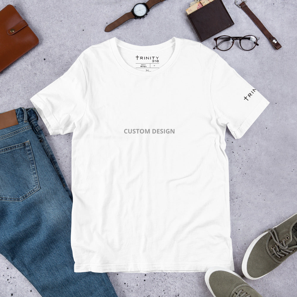 Custom design t-shirt mockup featuring a unisex staple t-shirt in white, displayed from the front view.