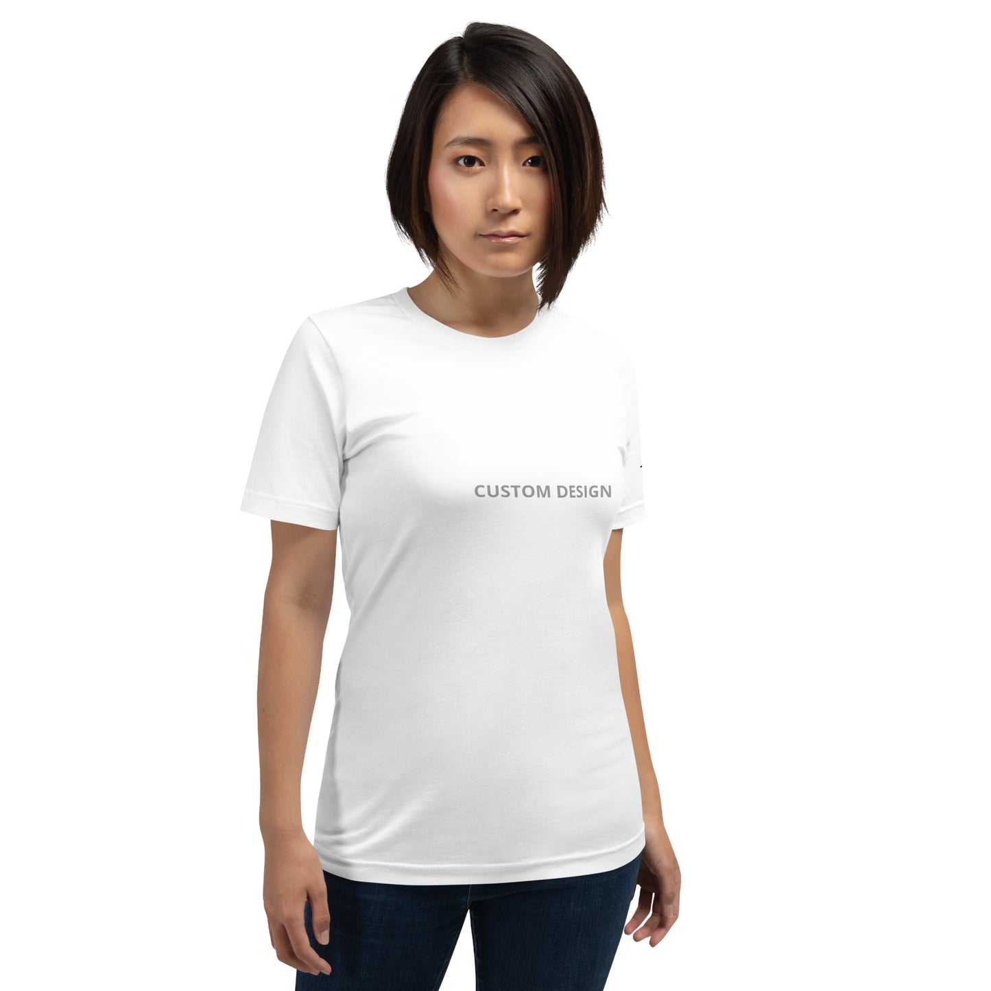 A unisex staple white t-shirt featuring a customer service design on the front, ideal for promoting excellent service.