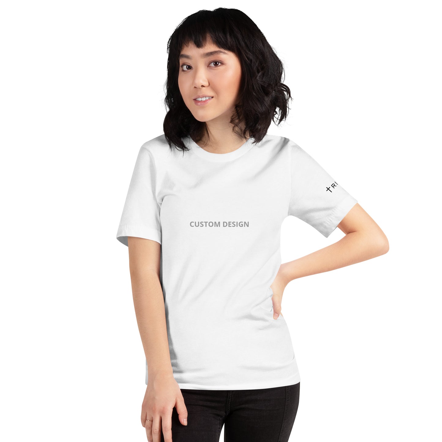 A unisex staple t-shirt in white featuring a customer service design on the front, ideal for promoting friendly assistance.