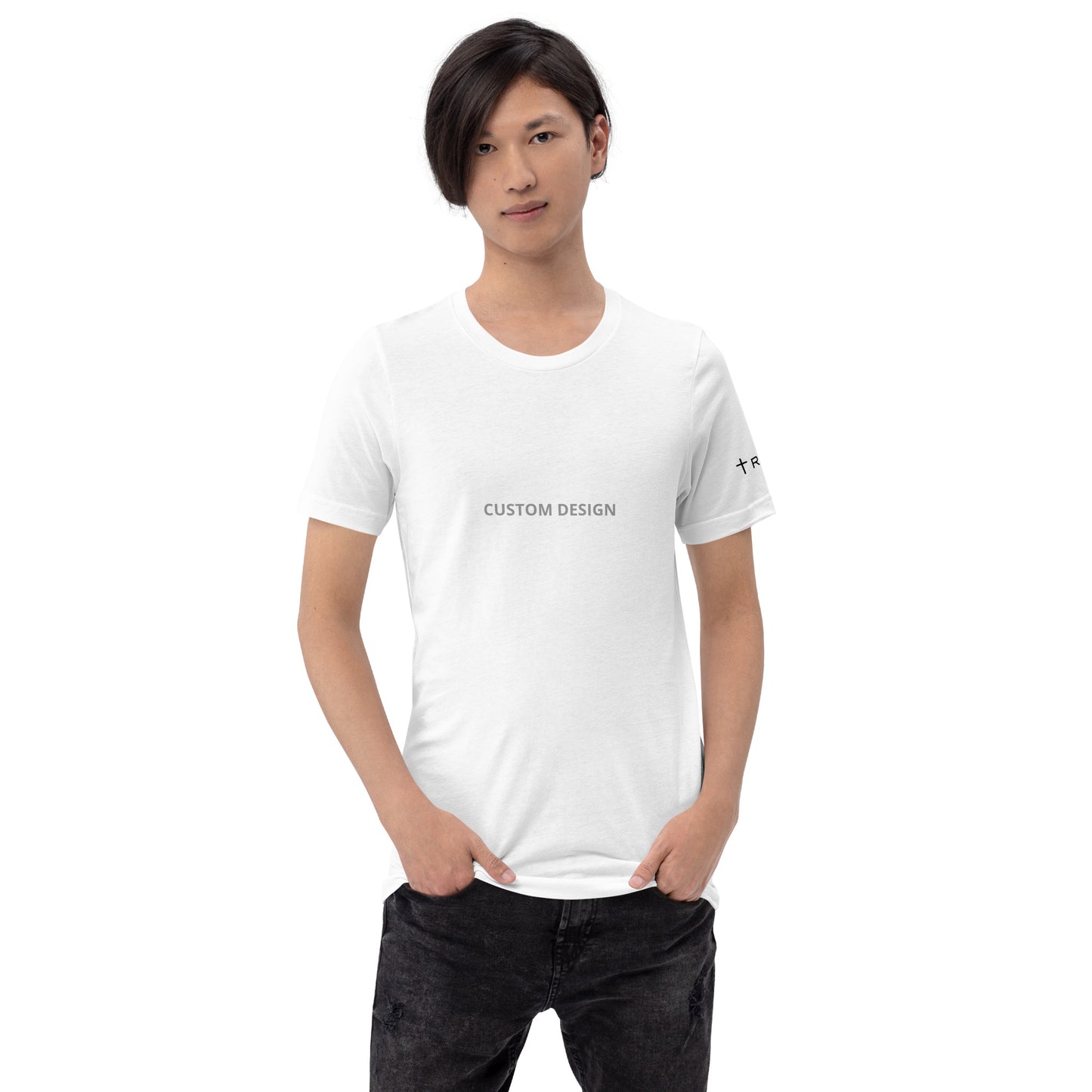 A man in a white unisex staple t-shirt featuring the phrase Trinity 316 prominently displayed on the front.