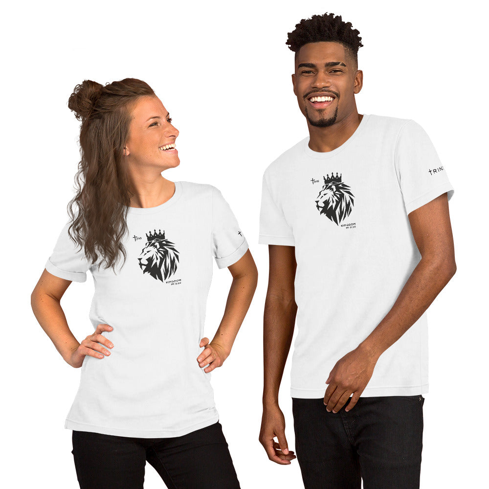 Two individuals in white staple t-shirts adorned with a lion logo, enjoying each other's company in a relaxed atmosphere.