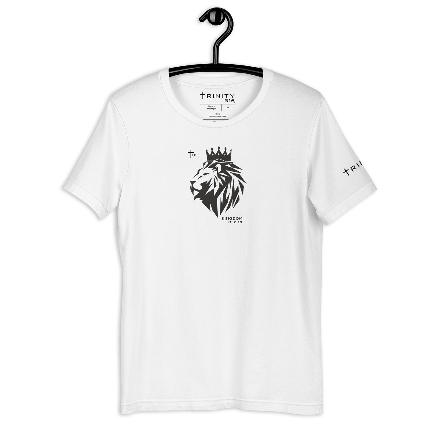 White staple t-shirt showcasing a prominent black lion illustration on the front.