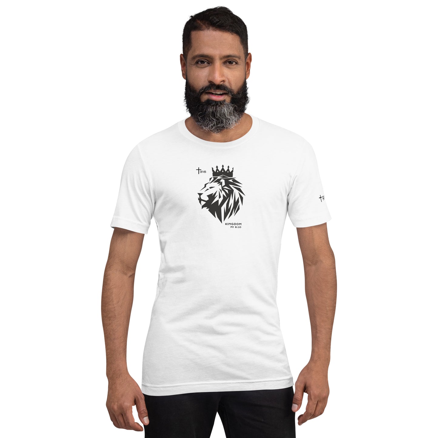 Unisex staple t-shirt in white featuring a lion, symbolizing the king of the jungle, displayed on the front.